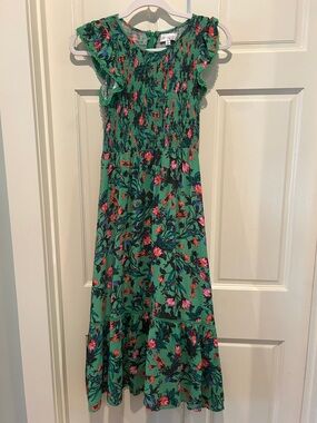 Lost + Wander Green Floral Smocked Midi Dress with Pink & Coral Accents